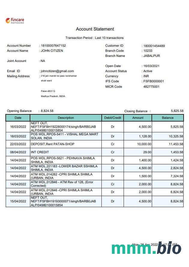 Wyciąg z India Finacle bank w formacie Word i PDF (2 strony)
